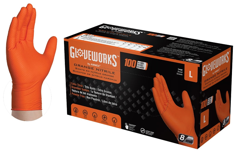 AMMEX Gloveworks GWON46100 Heavy-Duty Disposable Gloves, L, Nitrile, Powder-Free, Orange, 9-1/2 in L