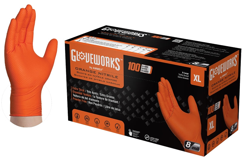 AMMEX Gloveworks GWON48100 Heavy-Duty Disposable Gloves, XL, Nitrile, Powder-Free, Orange, 9-1/2 in L