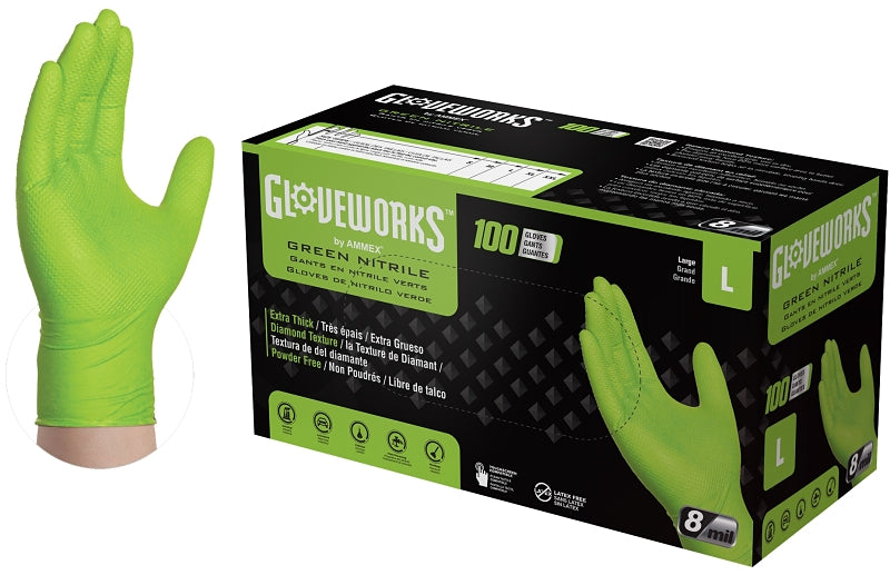 AMMEX Gloveworks GWGN46100 Heavy-Duty Disposable Gloves, L, Nitrile, Powder-Free, Green, 9-1/2 in L