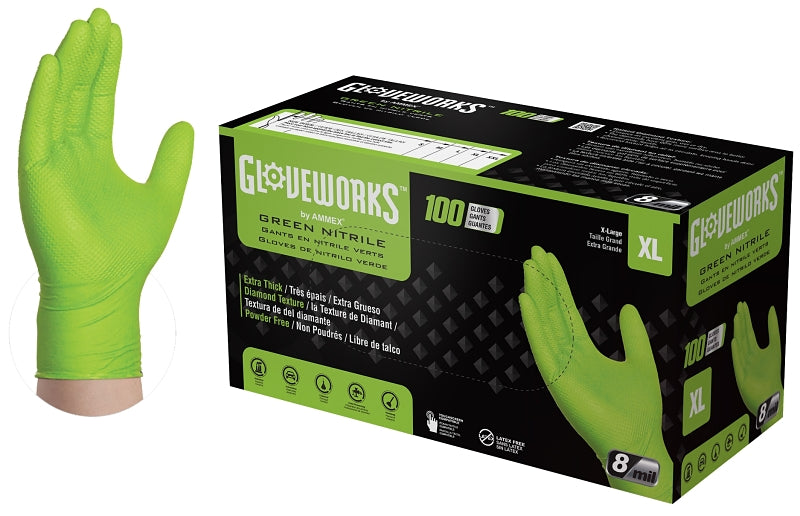 AMMEX Gloveworks GWGN48100 Heavy-Duty Disposable Gloves, XL, Nitrile, Powder-Free, Green, 9-1/2 in L