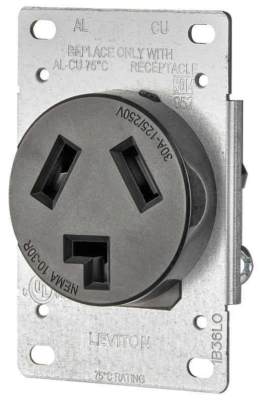LEVITON Leviton R20-05207-S10 Electrical Receptacle, Flush Mounting, 3-Pole, 125/250 V, 30 A, NEMA: NEMA 10-30R, Black
