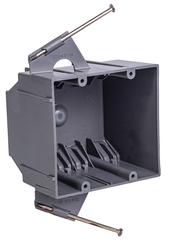 GB Gardner Bender BOX-ND32 Switch/Outlet Box, Standard Outlet, 2-Gang, 8-Knockout, PVC, Gray, In-Wall, Nail Mounting