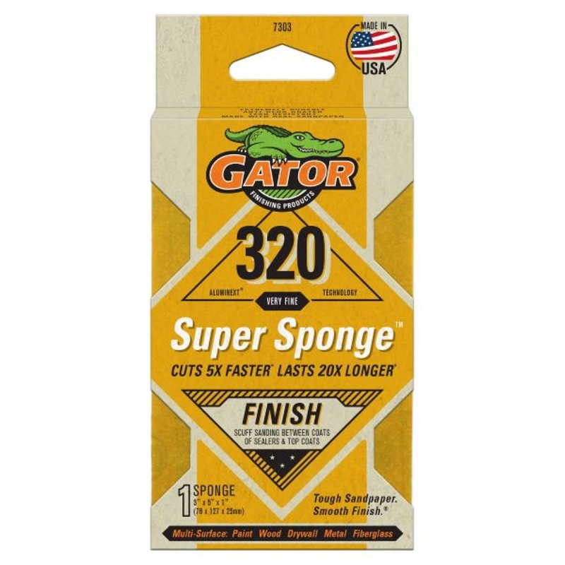 GATOR Gator 7303 Sanding Sponge, Yellow, 5 in L, 3 in W, 320 Grit, Aluminum Oxide Abrasive PAINT GATOR