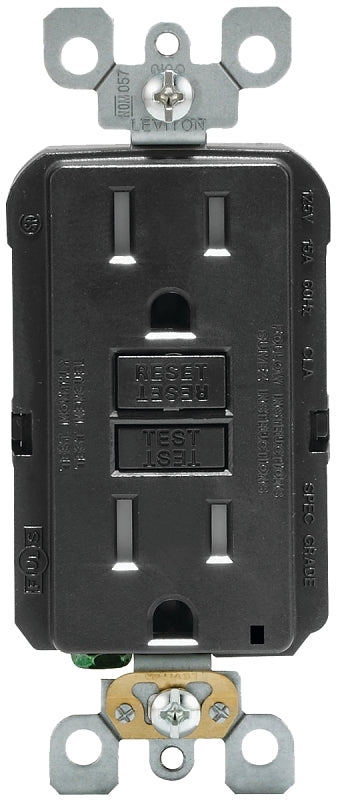 LEVITON Leviton R95-GFTR1-0KE GFCI Duplex Receptacle, Polycarbonate, Black, 2-Pole, 15 A, 125 V, Back, Side Wiring