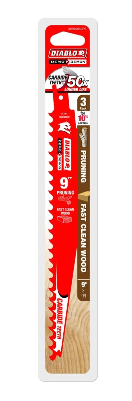 DIABLO Diablo DS0903CP3 Series Reciprocating Saw Blade, Applicable Materials: Wood, 9 in L, 3 TPI, Carbide Cutting Edge, 3/PK