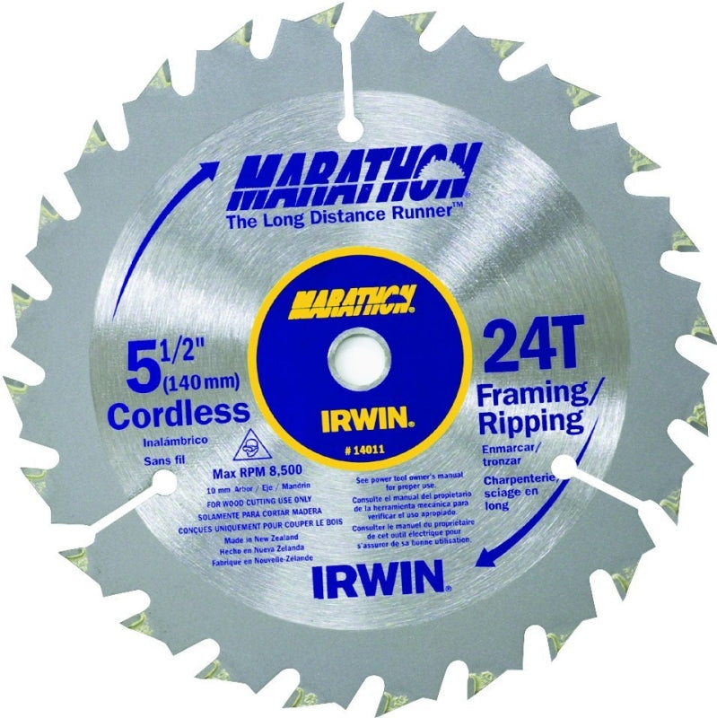 IRWIN Irwin Marathon 14011 Circular Saw Blade, 5-1/2 in Dia, 0.39 in Arbor, 24-Teeth, Carbide Cutting Edge