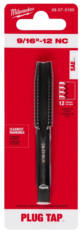 MILWAUKEE Milwaukee 49-57-5165 Straight Flute Plug Tap, 9/16-12 Thread, NC Thread, 1-3/4 in L Thread, 4-Flute, HCS TOOLS MILWAUKEE