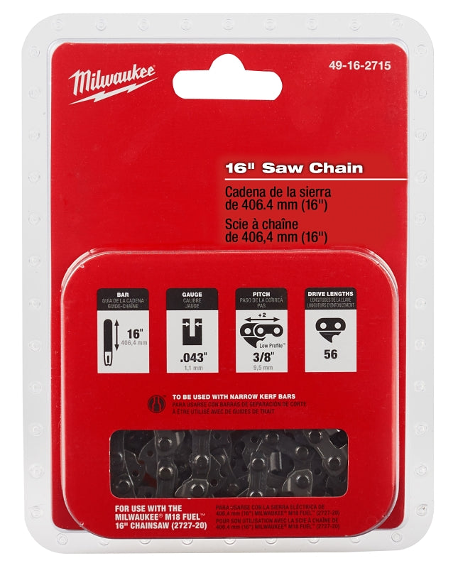 MILWAUKEE Milwaukee 49-16-2715 Chainsaw Chain, 16 in L Bar, 0.043 in Gauge, 3/8 in TPI/Pitch, 56-Link