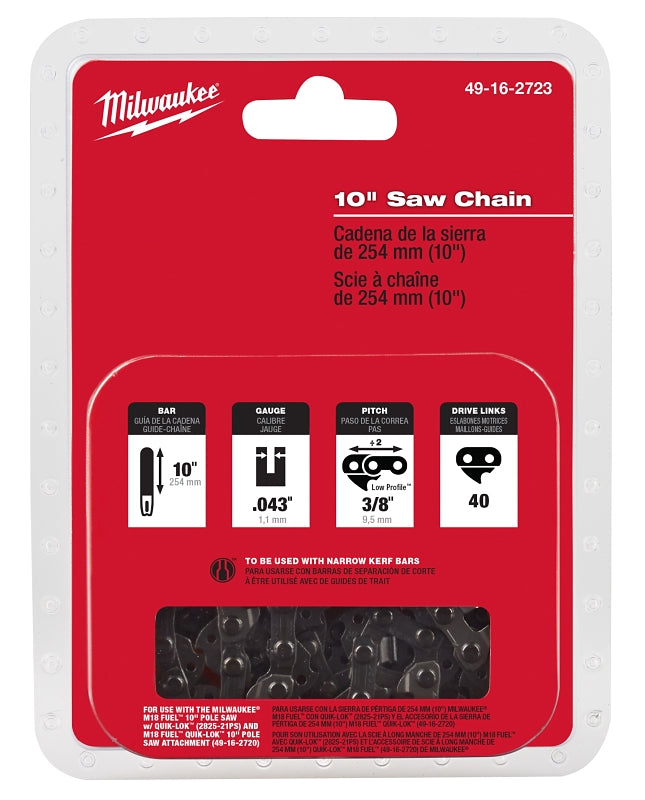 MILWAUKEE Milwaukee 49-16-2723 Chainsaw Chain, Pole Saw Chain, 10 in L Bar, 0.043 in Gauge, 3/8 in TPI/Pitch, 40-Link