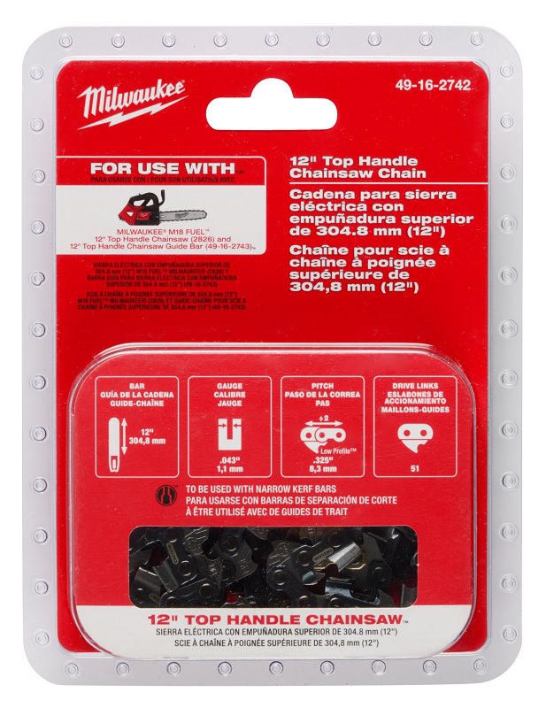 MILWAUKEE Milwaukee 49-16-2742 Chainsaw Chain, Low Kickback Chain, 12 in L Bar, 0.043 in Gauge, 0.325 in TPI/Pitch, 51 -Link