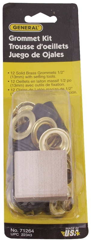 GENERAL General 71264 Series Grommet Kit, Includes: Anvil, Cutting Block, (48) 1/2 in Grommets, Hole Cutter and Mandrel, Brass