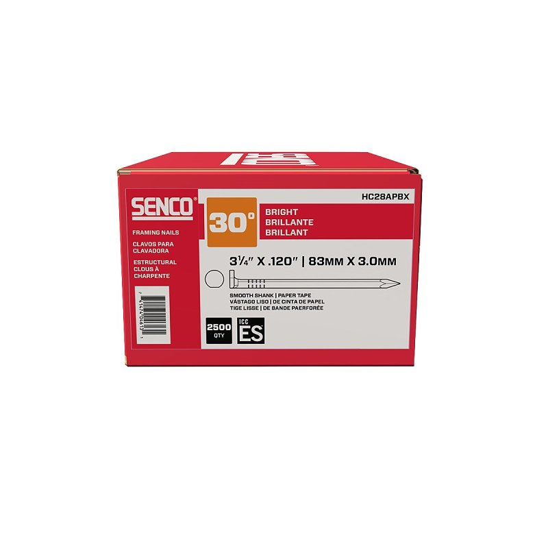 SENCO Senco HC28APBX Series Collated Nail, Paper Tape Collation, 3-1/4 in L, Steel, Bright Basic, Clipped Head, Smooth Shank
