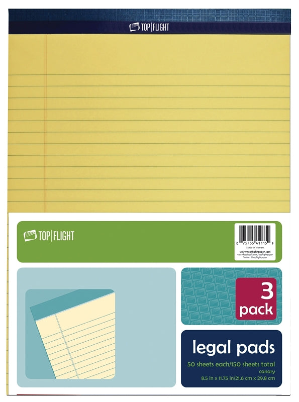TOP FLIGHT Top Flight N 11 Series 4513094 Legal Pad, 11-3/4 in L x 8-1/2 in W Sheet, 50-Sheet, Canary Yellow Sheet