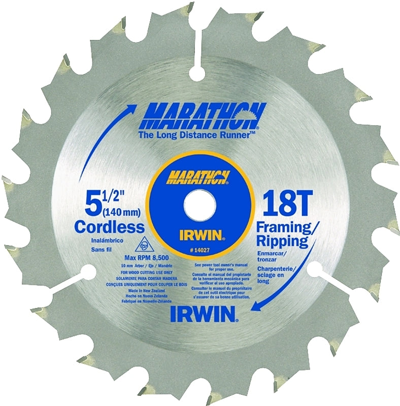 IRWIN Irwin Marathon 14027 Circular Saw Blade, 5-1/2 in Dia, 0.39 in Arbor, 18-Teeth, Carbide Cutting Edge