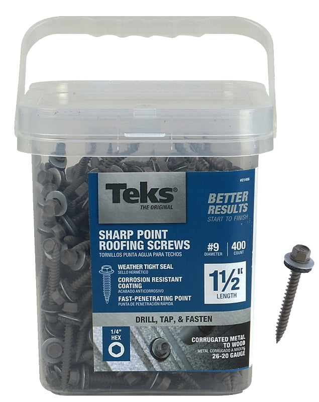 TEKS Teks 21406 Roofing Screw, #9 Thread, Coarse Thread, Hex Drive, Self-Tapping, Sharp Point, Steel, Zinc
