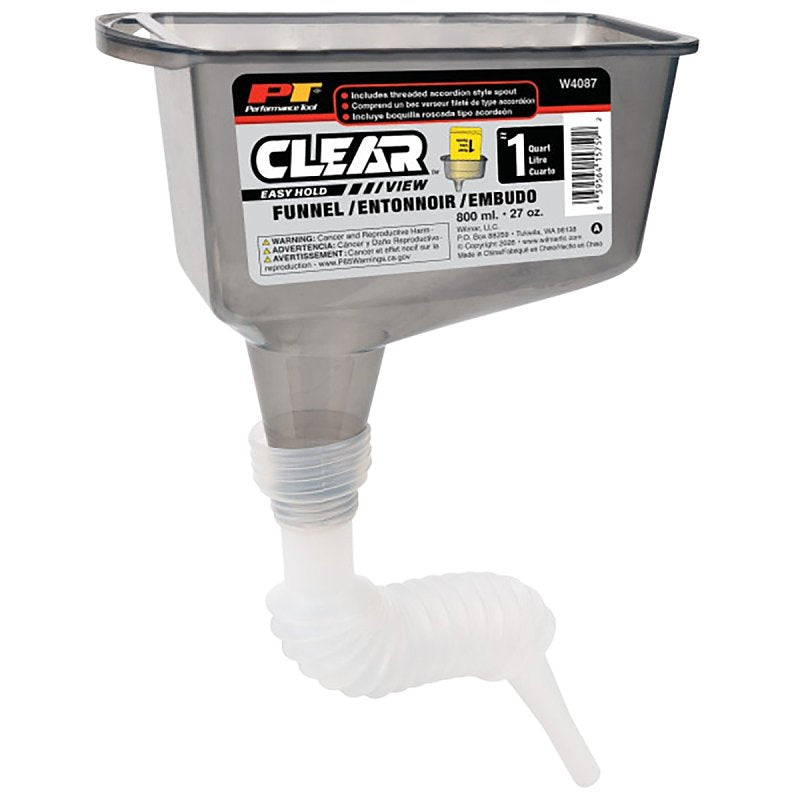 PERFORMANCE TOOLS Performance Tool Clear View Series W4087 Funnel With Flexible Spout, 1 qt Capacity, Polypropylene, Clear