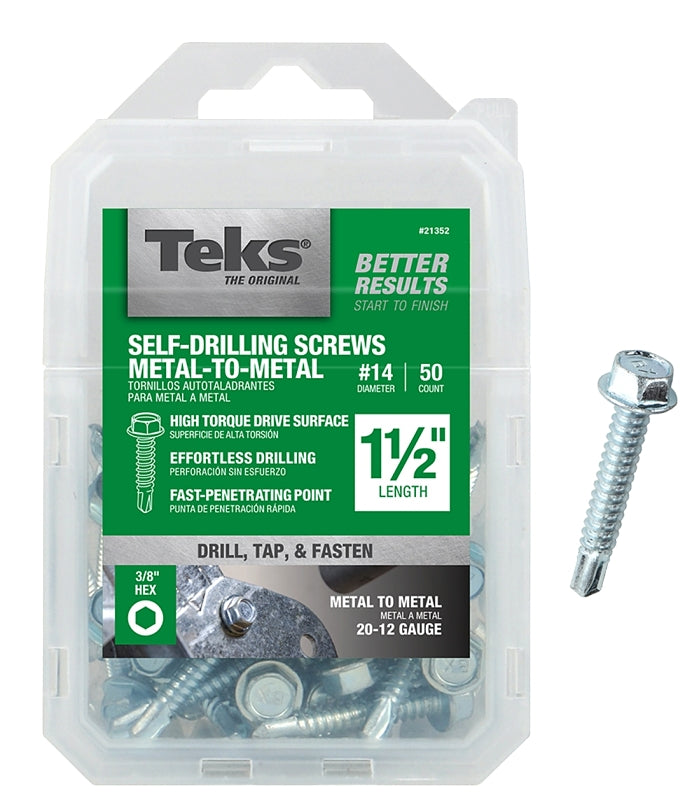 TEKS Teks 21352 Screw, #14 Thread, 1-1/2 in L, Coarse Thread, Hex Drive, Self-Drilling, Self-Tapping Point, Steel, Zinc