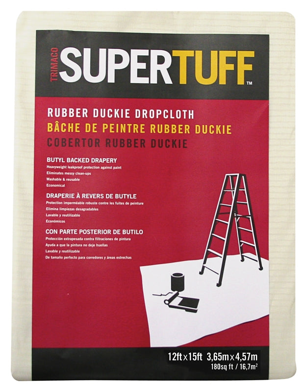 TRIMACO Trimaco Rubber-Duckie 80203 Drop Cloth, 15 ft L, 12 ft W, Butyl/Drapery Fabric, Beige/Cream