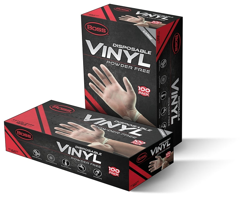 BOSS Boss B23021-L Disposable Gloves, L, Vinyl, Powder-Free, Clear