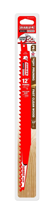 DIABLO Diablo DS1203CP3 Series Reciprocating Saw Blade, Applicable Materials: Wood, 12 in L, 3 TPI, Carbide Cutting Edge, 3/PK