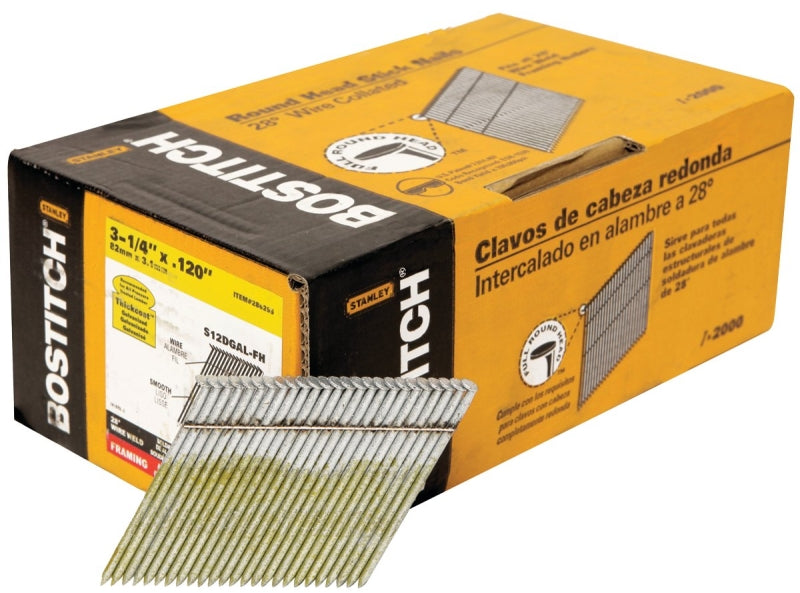 BOSTITCH Bostitch S12DGAL-FH Framing Nail, Wire Collation, 3-1/4 in L, Steel, Coated, Round Head, 2000/PK