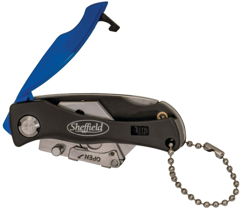 SHEFFIELD Sheffield 12125 Utility Knife, 1-1/2 in L Blade, Stainless Steel Blade, Curved Handle, Black/Blue Handle