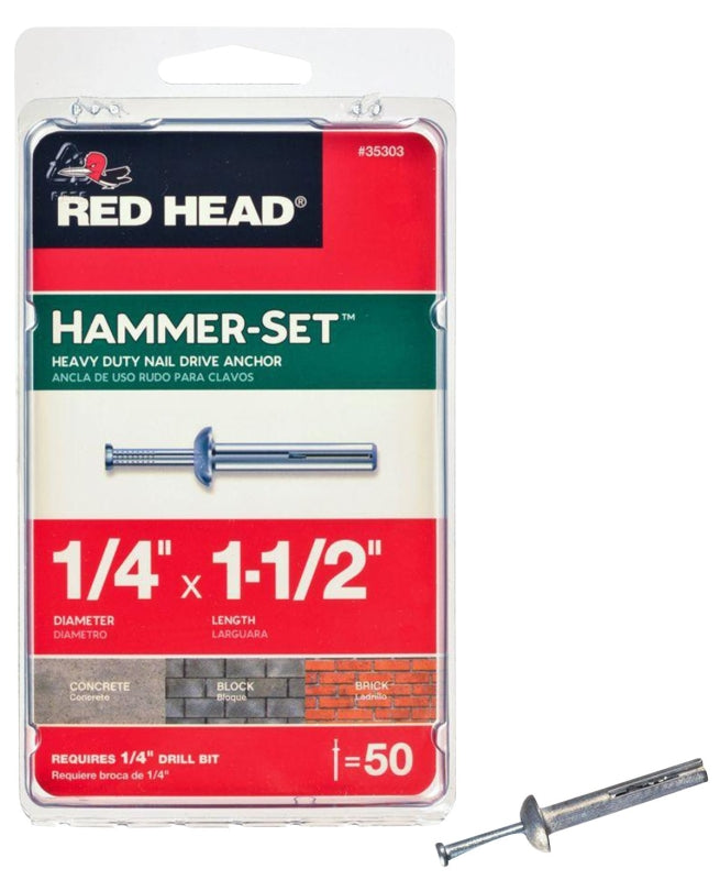 RED HEAD Red Head Hammer-Set 35303 Anchor, 1/4 in Dia, 1-1/2 in L, Steel, Zinc