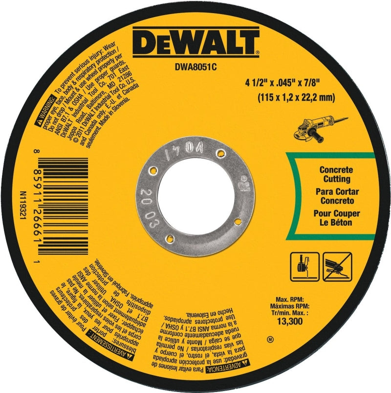 DEWALT DEWALT DWA8051C Cutting Wheel, 4-1/2 in Dia, 0.045 in Thick, 7/8 in Arbor, Aluminum Oxide Abrasive TOOLS DEWALT