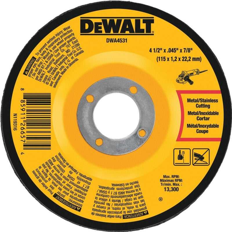 DEWALT DEWALT DWA4531 Cut-Off Wheel, 4-1/2 in Dia, 0.045 in Thick, 7/8 in Arbor, Very Fine, Aluminum Oxide Abrasive TOOLS DEWALT