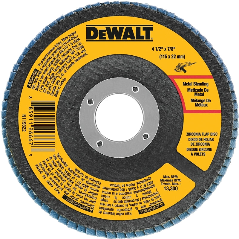 DEWALT DEWALT DWA8207 Flap Disc, 4-1/2 in Dia, 7/8 in Arbor, Coated, 60 Grit, Medium, Zirconia Abrasive, Fiberglass Backing