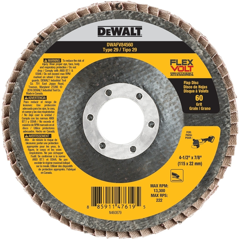 DEWALT DEWALT DWAFV84560 Flap Disc, 4-1/2 in Dia, 7/8 in Arbor, Coated, 60 Grit, Medium, Ceramic Abrasive