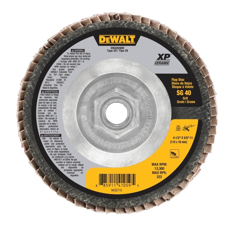 DEWALT DEWALT XP Ceramic Series DWA8280H Flap Disc, 4-1/2 in Dia, 5/8-11 Arbor, 40 Grit, Coarse, Ceramic Abrasive