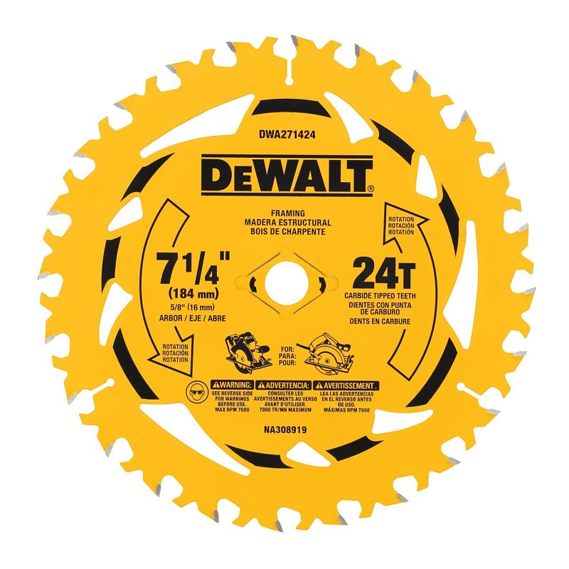 DEWALT DEWALT DWA171424B10 Circular Saw Blade, 7-1/4 in Dia, 5/8 in Arbor, 24-Teeth, Tungsten Carbide Cutting Edge TOOLS DEWALT
