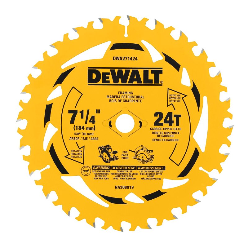DEWALT DEWALT DWA271424B10 Circular Saw Blade, 7-1/4 in Dia, 5/8 in Arbor, 24-Teeth, Carbide Cutting Edge