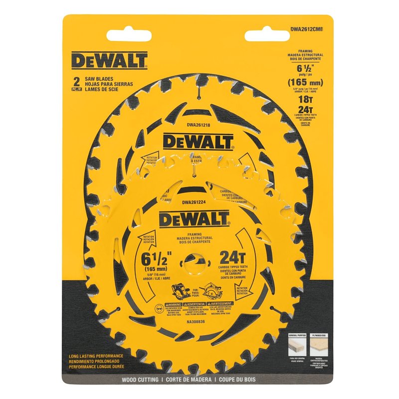 DEWALT DEWALT DWA1612CMB Circular Saw Blade, 6-1/2 in Dia, 5/8 in Arbor, 24-Teeth, Tungsten Carbide Cutting Edge TOOLS DEWALT