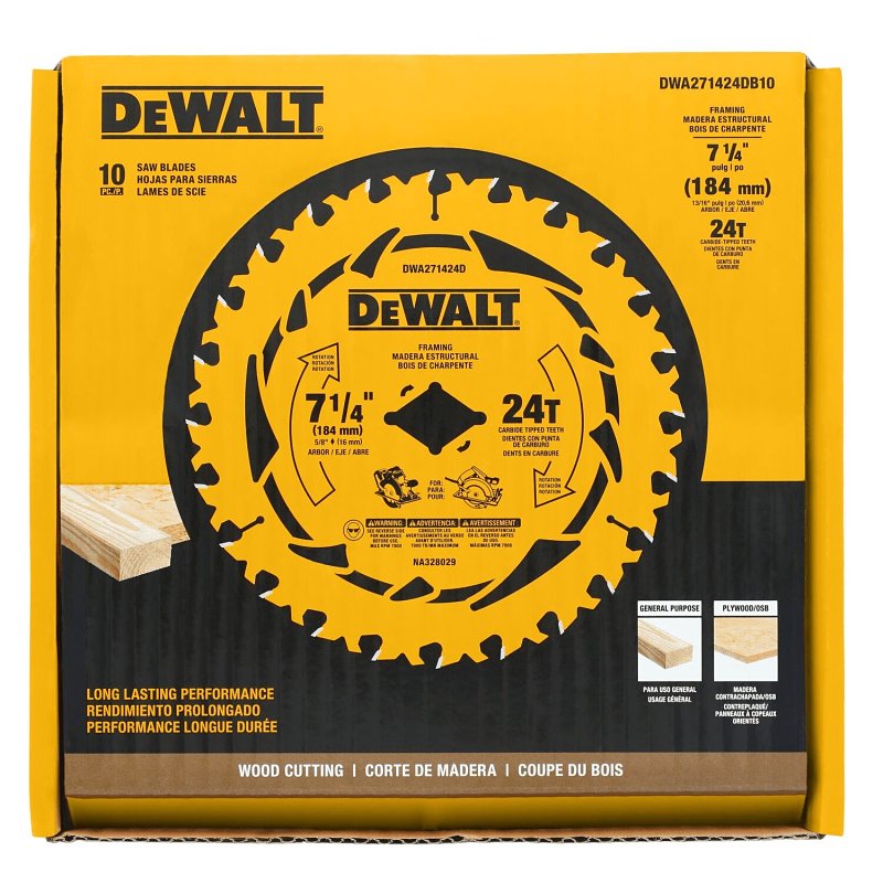 DEWALT DEWALT DWA171424DB10 Circular Saw Blade, 7-1/4 in Dia, 5/8 in Arbor, 24-Teeth, Tungsten Carbide Cutting Edge, 10/PK TOOLS DEWALT
