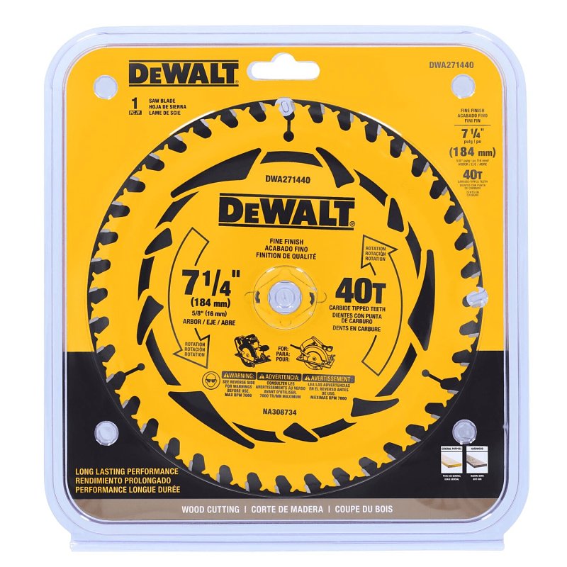 DEWALT DEWALT DWA171440 Circular Saw Blade, 7-1/4 in Dia, 5/8 in Arbor, 40-Teeth, Tungsten Carbide Cutting Edge