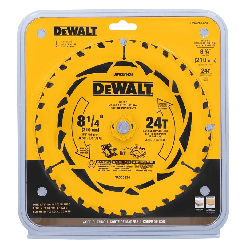 DEWALT DEWALT DWA181424 Circular Saw Blade, 8-1/4 in Dia, 5/8 in Arbor, 24-Teeth, Tungsten Carbide Cutting Edge