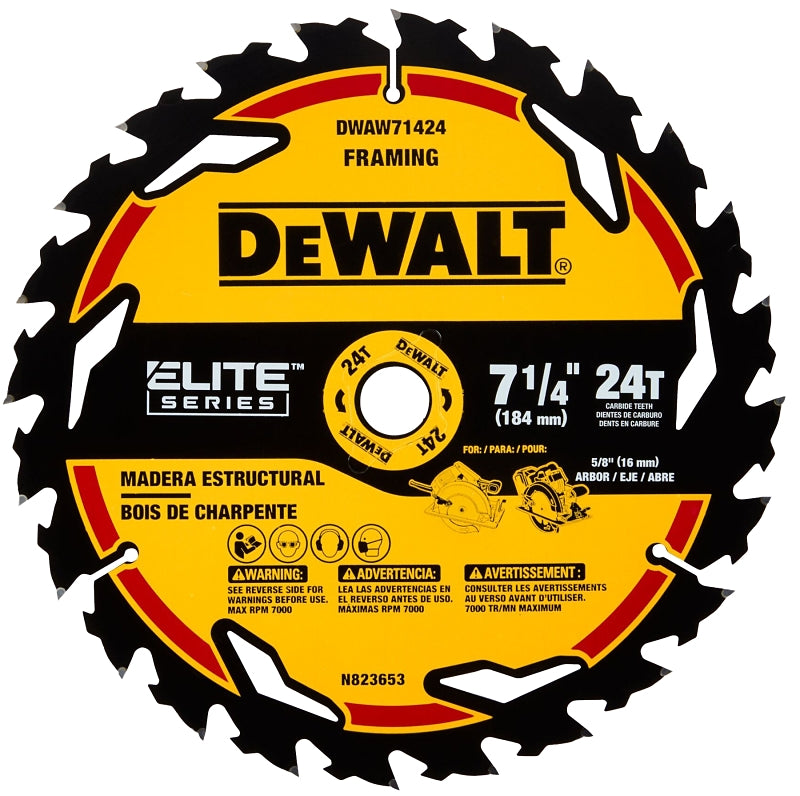 DEWALT DEWALT ELITE Series DWAW71424 Circular Saw Blade, 7-1/4 in Dia, 5/8 in Arbor, 24-Teeth, Tungsten Carbide Cutting Edge