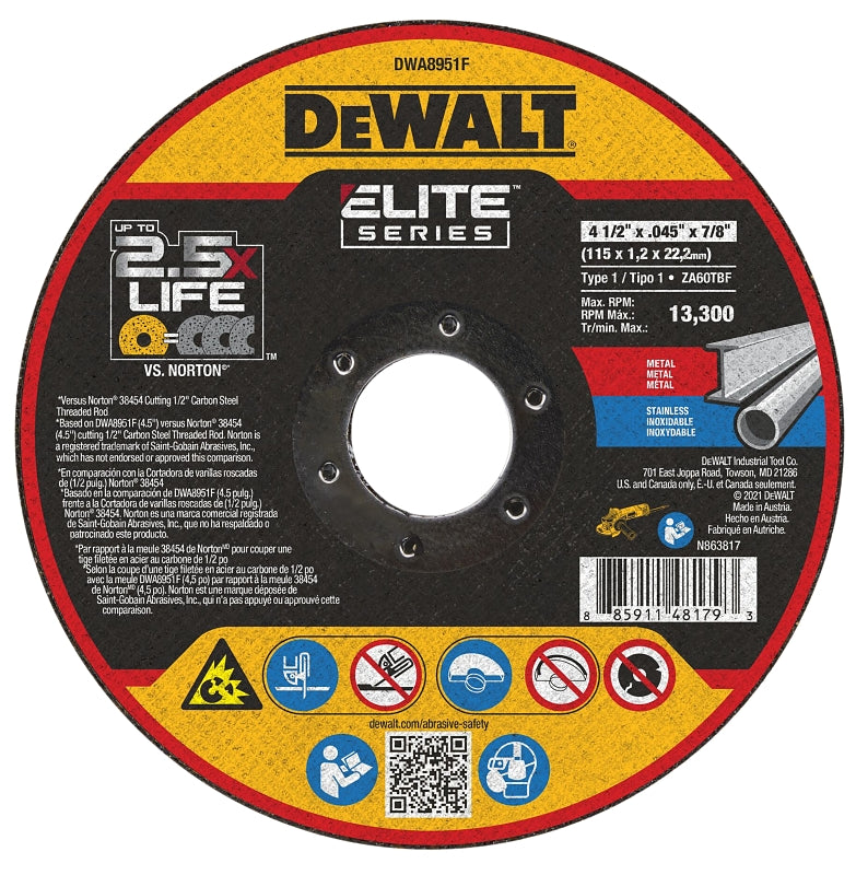 DEWALT DEWALT DWA8951F Cut-Off Wheel, 4-1/2 in Dia, 0.045 in Thick, Aluminum Oxide Abrasive, 7/8 in Arbor