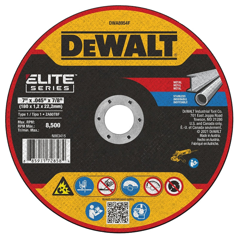 DEWALT DEWALT ELITE Series DWA8954F Cutting Wheel, 7 in Dia, 0.045 in Thick, 7/8 in Arbor, 60 Grit, Zirconia Alumina Abrasive TOOLS DEWALT