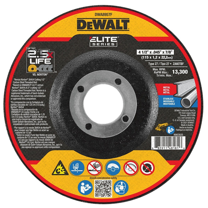 DEWALT DEWALT ELITE Series DWA8957F Cutting Wheel, 5 in Dia, 0.04 in Thick, 7/8 in Arbor, Ceramic Abrasive