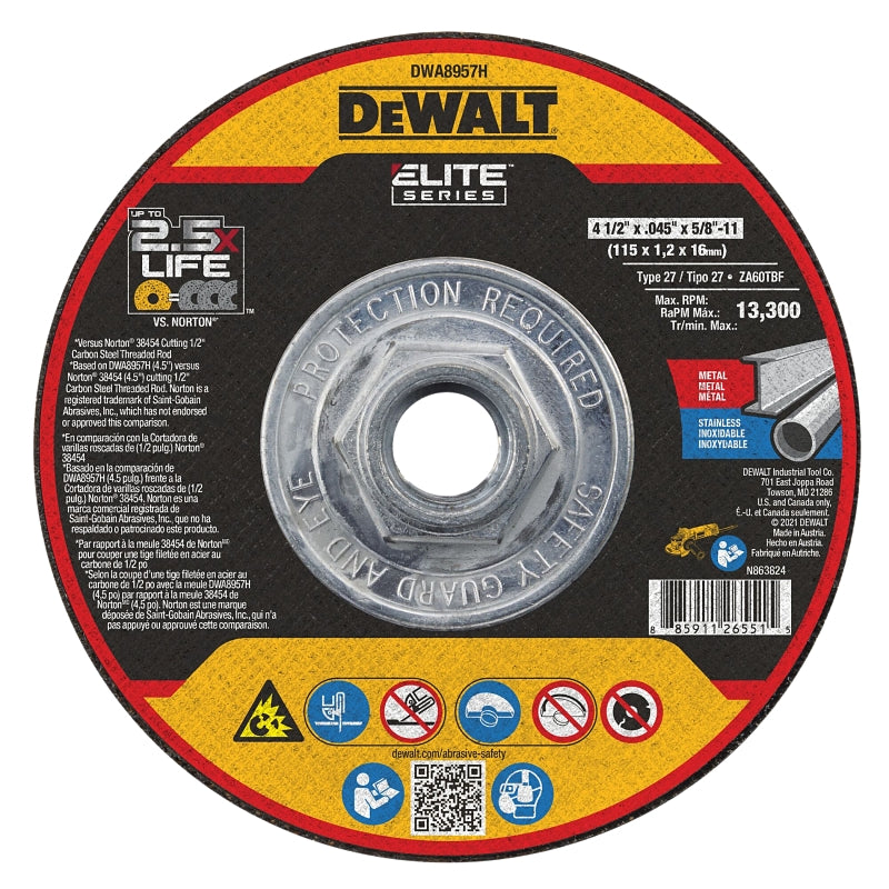 DEWALT DEWALT ELITE Series DWA8957H Cutting Wheel, 4-1/2 in Dia, 0.045 in Thick, 5/8-11 Arbor, Ceramic Abrasive, 46 Grit
