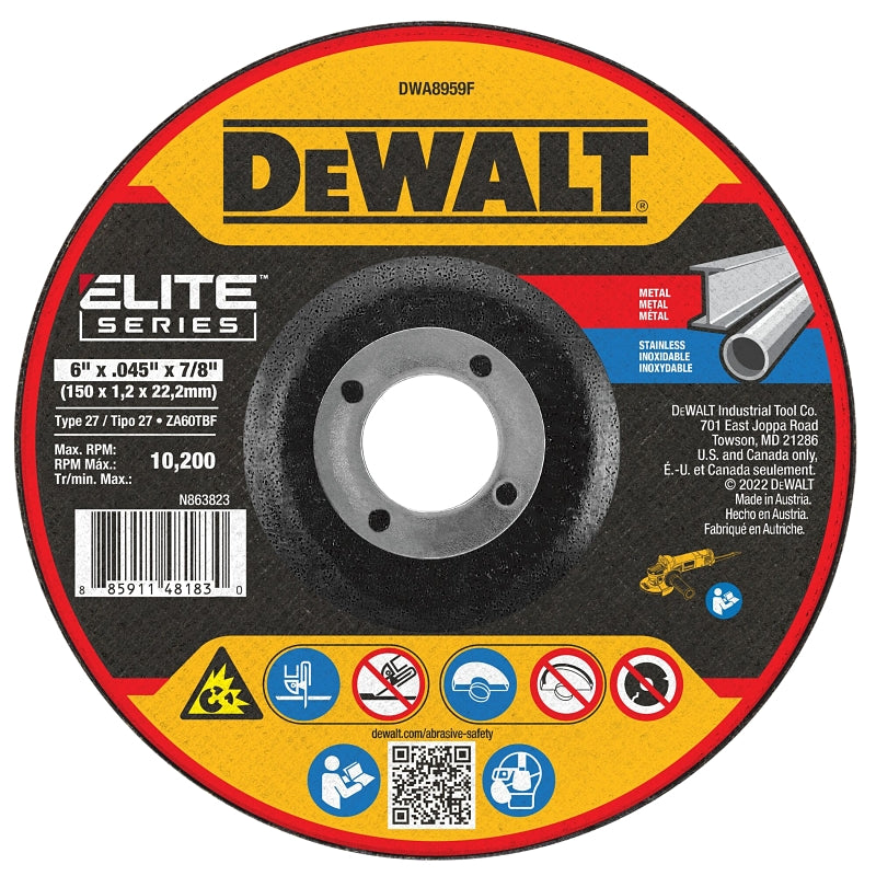 DEWALT DEWALT ELITE Series DWA8959F Cutting Wheel, 6 in Dia, 0.045 in Thick, 7/8 in Arbor, Ceramic Abrasive TOOLS DEWALT