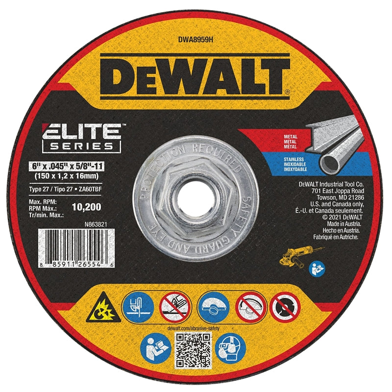 DEWALT DEWALT ELITE Series DWA8959H Cutting Wheel, 6 in Dia, 0.045 in Thick, 5/8-11 Arbor, Ceramic Abrasive, 46 Grit