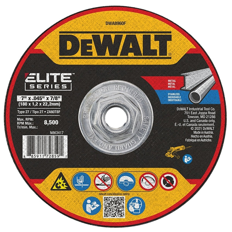 DEWALT DEWALT ELITE Series DWA8960F Cutting Wheel, 7 in Dia, 0.045 in Thick, 7/8 in Arbor, Zirconia Alumina Abrasive, 60 Grit TOOLS DEWALT