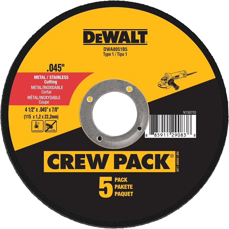 DEWALT DEWALT DWA8051B5 Cutting Wheel, 4-1/2 in Dia, 0.045 in Thick, 7/8 in Arbor, Aluminum Oxide Abrasive TOOLS DEWALT