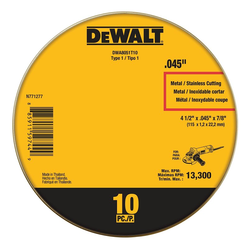 DEWALT DEWALT DWA8051T10 Cut-Off Wheel, 4-1/2 in Dia, 0.045 in Thick, 7/8 in Arbor, Aluminum Oxide Abrasive TOOLS DEWALT