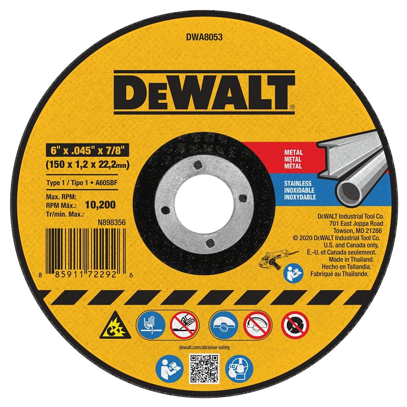 DEWALT DEWALT DWA8053 Cutting Wheel, 6 in Dia, 0.045 in Thick, 7/8 in Arbor, Aluminum Oxide Abrasive
