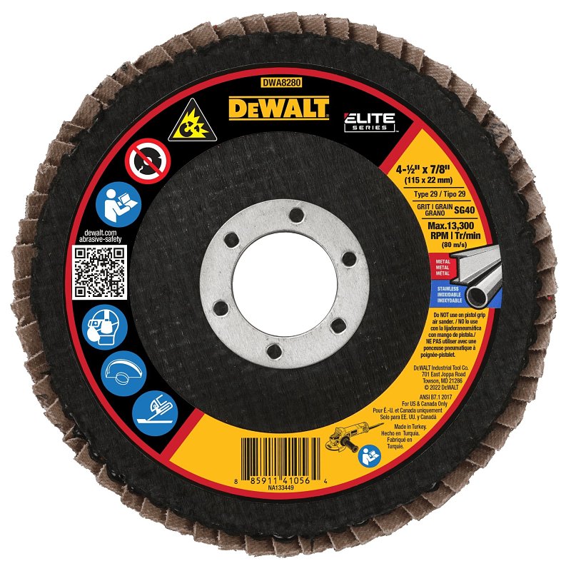 DEWALT DEWALT XP Series DWA8280 Flap Disc, 4-1/2 in Dia, 7/8 in Arbor, Coated, 40 Grit, Coarse, Ceramic Cloth Abrasive TOOLS DEWALT